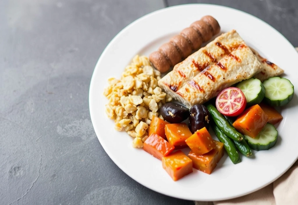 A plate with a balanced meal, including lean protein, whole grains, and colorful vegetables.