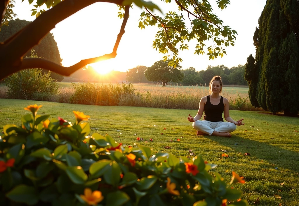 A person meditating peacefully in a lush green garden, demonstrating mindfulness.