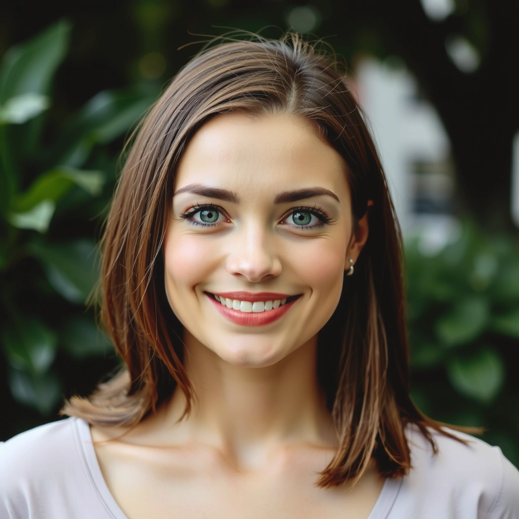 Portrait of a smiling woman in her 40s, exuding health and vitality.