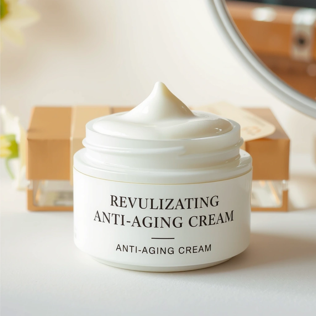 A jar of revitalizing anti-aging cream for women.
