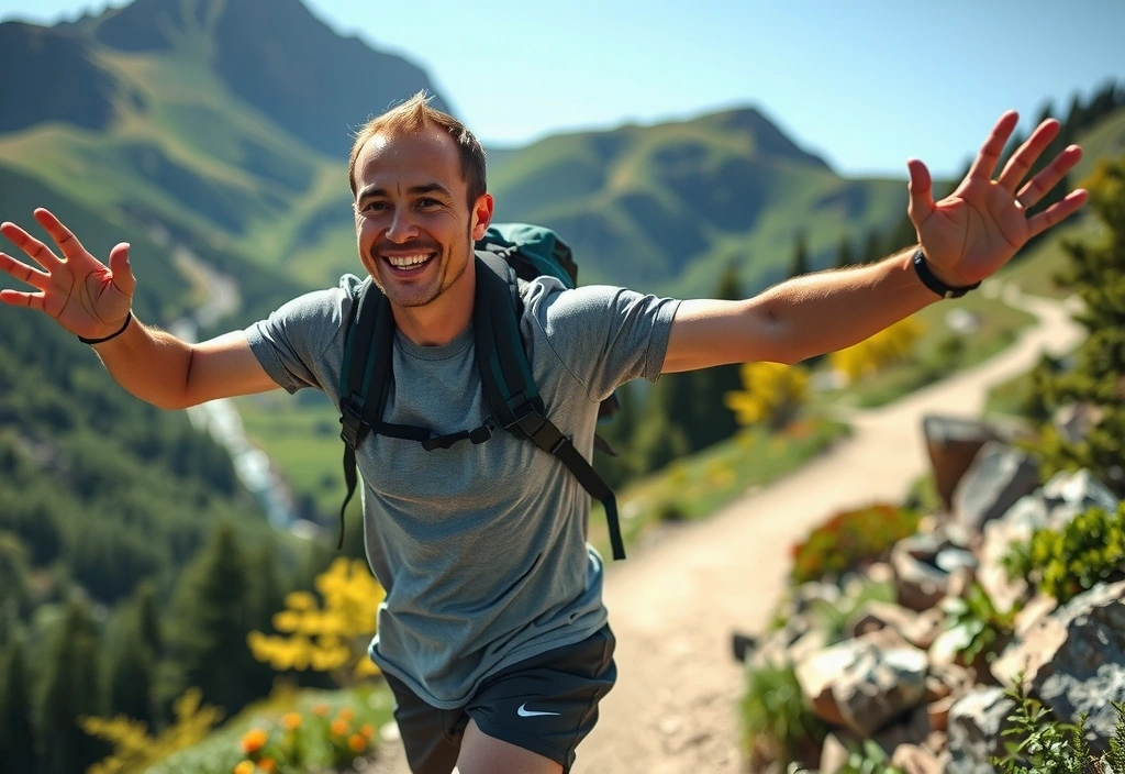 A man engaging in an active outdoor sport, like trail running or hiking, with a vibrant, energetic expression, surrounded by natural beauty. The image conveys health, vitality, and the benefits of natural supplementation.