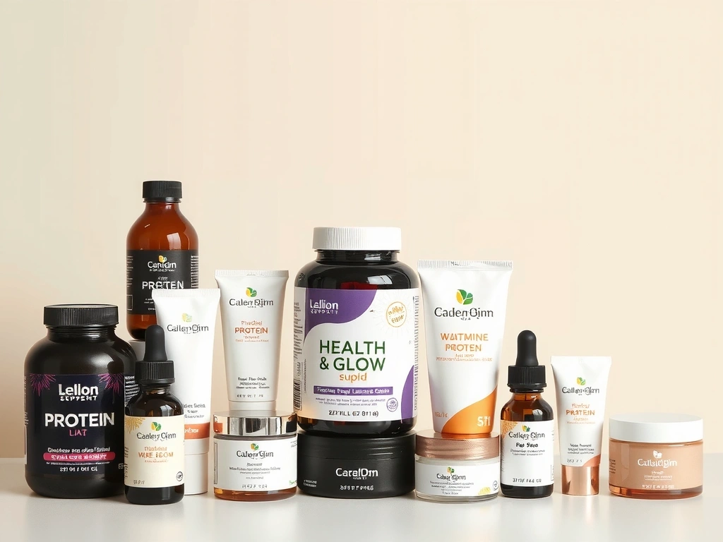 Assortment of Health & Glow products, including supplements and skincare items, arranged aesthetically on a clean, bright background to showcase variety and quality.