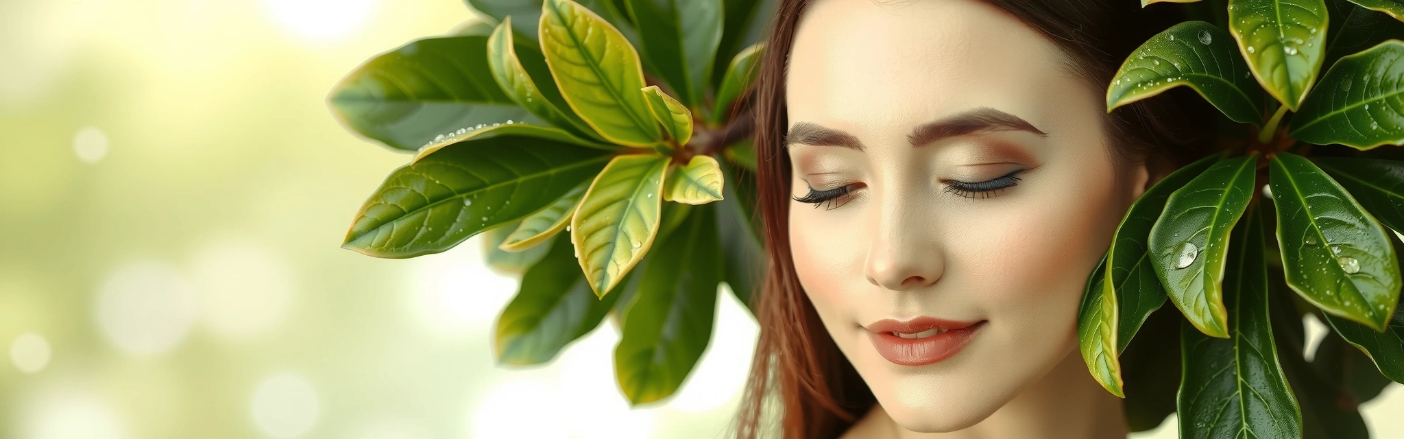 A serene woman with glowing skin, surrounded by lush, soft-focus natural elements like dewy leaves and soft light, embodying natural beauty and rejuvenation.