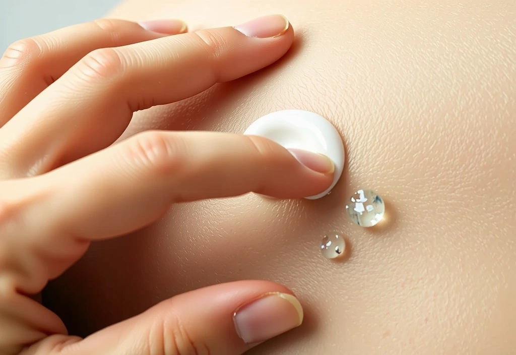 A close-up of a hand applying a rich, hydrating moisturizer to dry skin, showing immediate relief and glow. Droplets of water or hyaluronic acid are visible on the skin, emphasizing hydration.